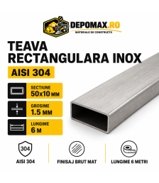 Teava rectangulara inox AISI 304, 50 x 10 x 1.5 mm, 6 metri